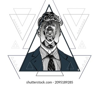 Hand drawn portrait of a handsome man with anonymous face with himself repeated like in an endless mirror inside triangles. Isolated vector concept head illustration in modern and surreal tattoo art. 