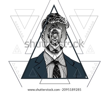 Hand drawn portrait of a handsome man with anonymous face with himself repeated like in an endless mirror inside triangles. Isolated vector concept head illustration in modern and surreal tattoo art. 