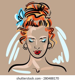 Hand drawn portrait of a happy bride with red hair dress and blue veil.