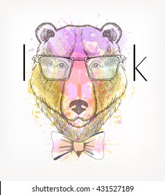 Hand Drawn portrait of hipster bear with watercolor blots. Look