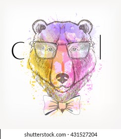 Hand Drawn portrait of hipster bear with watercolor blots. Cool