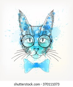 Hand Drawn portrait of hipster cat with watercolor blots.