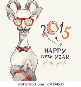 Hand Drawn Portrait of Hipster Goat. New Year Symbol of 2015, Eps 10 Vector Illustration