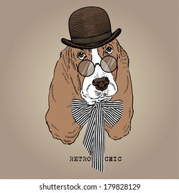 Hand drawn portrait of hound, retro style