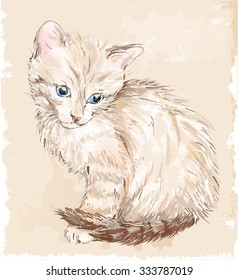 hand drawn portrait of the kitten . Kitten was drawn  with brushes from Adobe Illustrator without auto trace.  Kitten, background, and grunge elements can be edit separately.