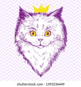 Hand drawn portrait of kitten with crown. Little Princess, Queen. Sketch of cat hipster with yellow eyes.