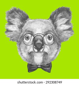 Hand drawn portrait of Koala with glasses and bow tie. Vector isolated elements.