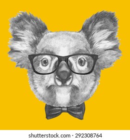 Hand drawn portrait of Koala with glasses and bow tie. Vector isolated elements.