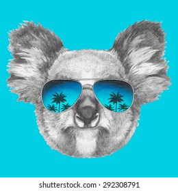 Hand drawn portrait of Koala with mirror sunglasses. Vector isolated elements.