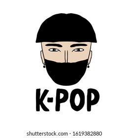 Hand drawn portrait of Korean guy in black face mask isolated on white background. Lettering sign "K-POP".Design for poster, sticker, card, shirt. Vector stock illustration.