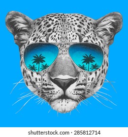 Hand drawn portrait of Leopard with mirror sunglasses. Vector isolated elements.