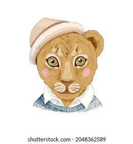 Hand drawn portrait of Lion baby with accessories