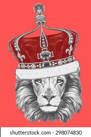 Hand drawn portrait of Lion with crown. Vector isolated elements.