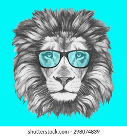 Hand drawn portrait of Lion with glasses. Vector isolated elements.