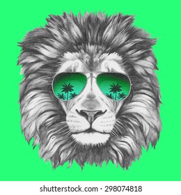 Hand drawn portrait of Lion with sunglasses. Vector isolated elements.