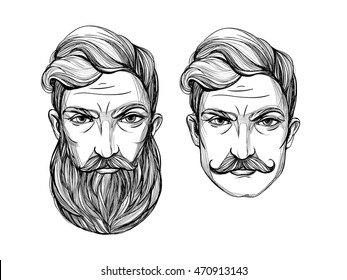 Hand drawn portrait of  men with beard and mustache. Vector hand drawn hipster illustration isolated on white background. T-shirt print, tattoo art, coloring book for adults.