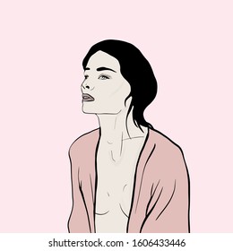 Hand drawn portrait of a model young beauty woman, brunette hairstyle. Glamour girl, perfect face. Gentle female image. 