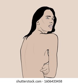 Hand drawn portrait of a model young beauty woman, brunette hairstyle. Glamour girl, perfect face. Gentle female image. 