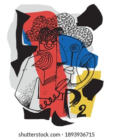 Hand drawn portrait in modern abstract style. Mid-Century modern art collage portrait.