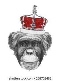 Hand Drawn Portrait Of Monkey With Crown. Vector Isolated Elements.