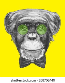 Hand drawn portrait of Monkey with glasses and bow tie. Vector isolated elements.