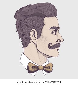 Hand drawn portrait of moustached man side-view. Vector illustration.