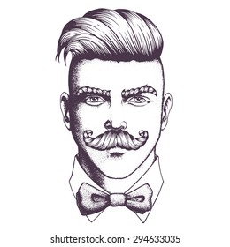 Hand drawn portrait of moustached man full face. Vector illustration.
