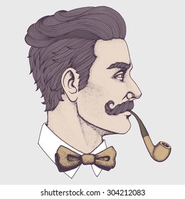 Hand drawn portrait of moustached man with pipe side-view. Vector illustration.