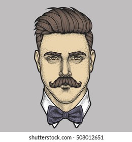 Hand drawn portrait of moustached man full face. Vector illustration.