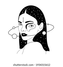 Hand drawn portrait of mystical woman. Girl with space, stars, planets and orbits. Boho style. Esoteric, abstract surreal and spiritual concept. 