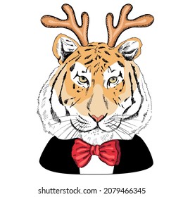 Hand - drawn portrait of a New Year tiger with deer antlers, a bow tie around his neck, in a black jacket and shirt. Vector illustration. Vintage line sketch. Christmas illustration. Tiger in clothes.
