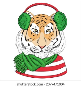 Hand - drawn portrait of a New Year tiger in a scarf, fur headphones and striped sweater. Vector illustration. Vintage line sketch. Christmas illustration. Tiger in clothes.