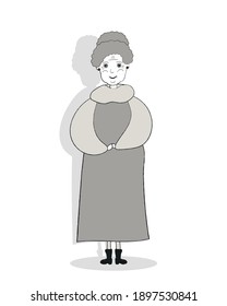 Hand drawn portrait of an old smiling cute granny wearing warm winter outfit, flat illustration isolated on a white background