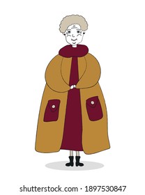 Handgezeichnetes Porträt einer alten, lächelnden, süßen Granny mit warmem Winteroutfit, flache Illustration einzeln auf weißem Hintergrund