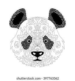Hand drawn portrait of Panda. Black and white vector doodles isolated on white background. Sketch for tattoo, poster, print or t-shirt. Relaxing coloring book for adult and older children.