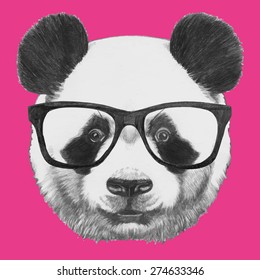 Hand drawn portrait of Panda with glasses. Vector isolated elements. 