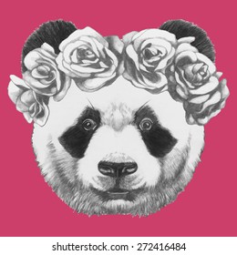 Handgezeichnetes Portrait von Panda mit Rosen. Vektorillustration isolierte Elemente.