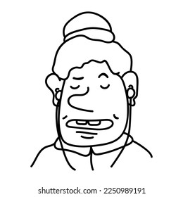 Hand drawn portrait of a person listening to music with headphones. Caricature avatar of a human with bun hairstyle. Cartoon linear individual with big nose and open mouth on white background