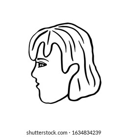 Hand drawn portrait profile of a young woman / girl with short hair (caret). Traced vector drawing of a human profile looking in front of him. Black contour in black ink is isolated on a white BG