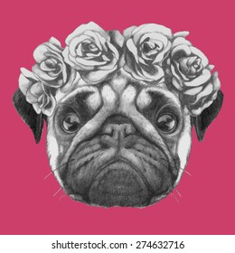 Hand drawn portrait of  Pug Dog with floral head wreath. Vector isolated elements.