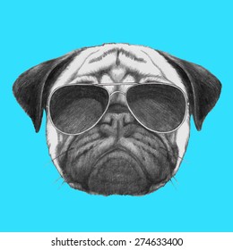 Hand Drawn Portrait Of  Pug Dog With Sunglasses. Vector Isolated Elements.