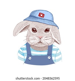 Hand drawn portrait of rabbit with accessories