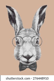 Hand drawn portrait of Rabbit with glasses and bow tie. Vector isolated elements.