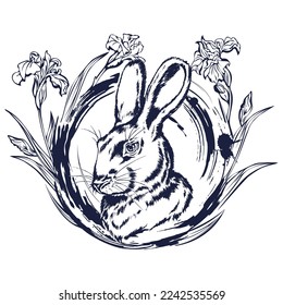 Hand drawn portrait of a rabbit. Rabbit head sketch. Rabbit framed with brushstroke and iris flowers. Symbol of the Chinese New Year. Vector illustration
