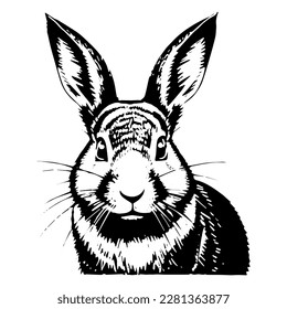 Hand drawn portrait of a rabbit head. Sketch, picture of an Easter Bunny. Black and white illustration, hand drawn sketch. Engraving, vector illustration