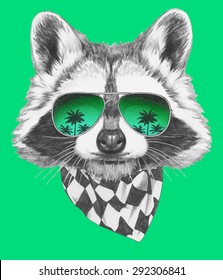 Hand drawn portrait of Raccoon with mirror sunglasses and scarf. Vector isolated elements.