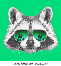 Hand drawn portrait of Raccoon with mirror sunglasses. Vector isolated elements.