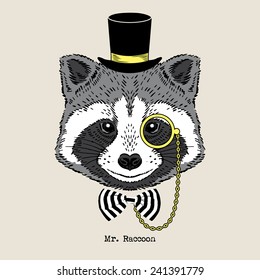 Hand drawn portrait of raccoon in tall hat