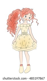 Hand drawn portrait of romantic girl in vintage dress. Fashion girl's clothing.  Sketch. Doodle.