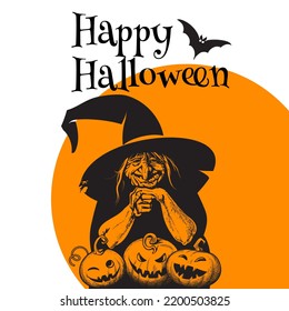 Retrato hecho a mano de una vieja bruja sonriente inclinada sobre tres calabazas de Halloween. Feliz texto de Halloween con silueta de murciélago. Esbozar ilustración vectorial de estilo aislada en el fondo naranja de la luna.